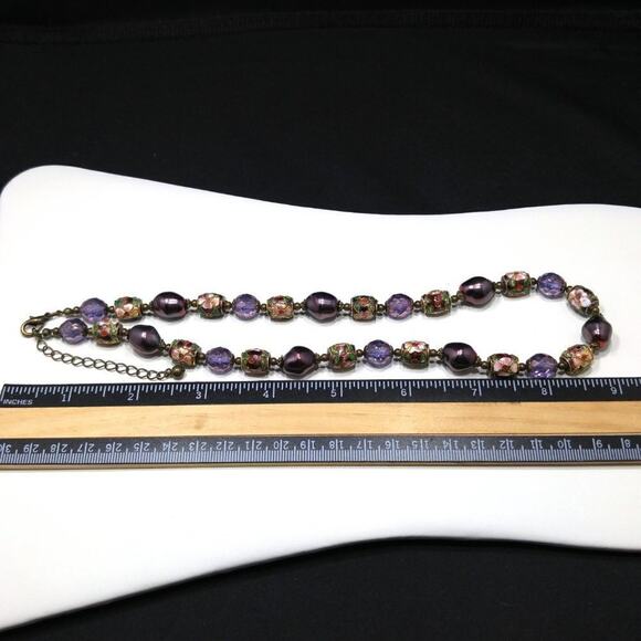 Purple Cloisonne Beaded Necklace, Faux Purple Pearls Czech Faceted Beads, 21 In. - Picture 3 of 8